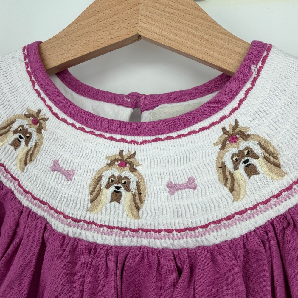Lil Cactus Purple Smocked Bishop Puppy Dog Dress Size 4T 100% Cotton - Picture 4 of 8